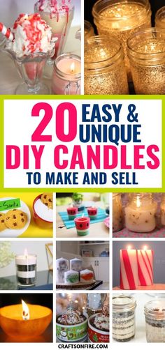 some candles and other items that are in glass jars with the words easy & unique diy candles to make and sell