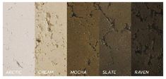 the different colors of concrete are shown in this color chart, including brown, white, and black