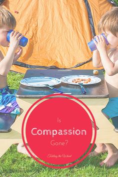 two young boys sitting at a picnic table drinking from cups with the words, is compassion gone?