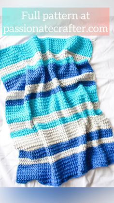 a blue and white crocheted blanket sitting on top of a bed with text overlay that reads, full pattern at passionatecrafter com