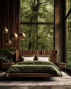 a bedroom with large windows and green bedding