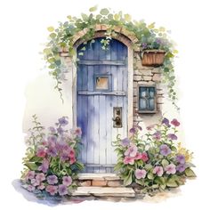 a watercolor painting of a blue door surrounded by flowers