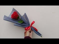 a person is holding two roses wrapped in blue paper and tied with red satin ribbon