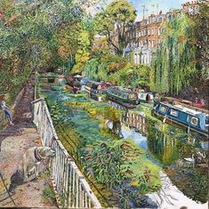 a painting of boats on a river next to a fence and trees with people walking along it