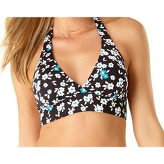 Anne Cole Beautiful Bunches Triangle Bikini Swim Top Color: Black White Blue Size: Medium Floral Pattern V-Neck Neckline Triangle Cup Shape Hand Wash Only Beach Halter Top With Built-in Bra And V-neck, Beach Halter Top With V-neck And Built-in Bra, Black V-neck Halter Top For Beach, V-neck Halter Top For Poolside Beach Season, Summer Halter Top V-neck For Poolside, V-neck Halter Top, Bra Friendly, Fitted V-neck Halter Top For Beach, Fitted V-neck Halter Top For Pool, High Neck Tankini Top