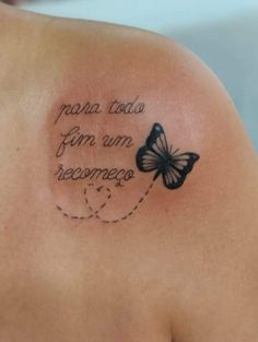 a woman with a butterfly tattoo on her shoulder and the words in french are written