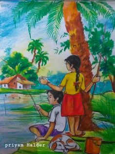 a drawing of two children fishing in the water