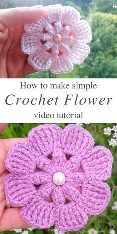 the crochet flower is being held up by someone's hand with text overlay