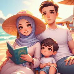 a man, woman and child sitting on a beach with an open book in front of them