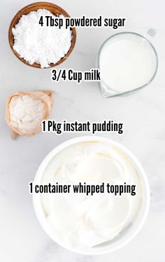 the ingredients to make whipped cream in bowls on a white table with text overlay