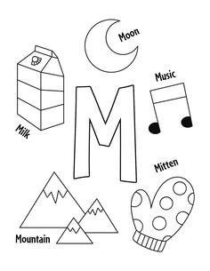 the letter m is for mountain and other things that are outlined in black and white