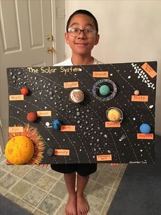 a young boy holding up a solar system poster