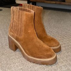 Size 8.5 Never Worn Fall High-top Suede Chelsea Boots, High Ankle Suede Chelsea Boots For Fall, Fall Chelsea Boots With Reinforced Heel, Brown Moto Boots With Stacked Heel For Fall, Ankle-high Platform Boots For Fall Medium Width, Casual Platform Heeled Boots For Fall, Brown Suede High Ankle Chelsea Boots, Suede Ankle Moto Boots For Fall, Suede Ankle Boot Moto Boots For Fall