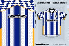 the jersey design for the soccer team is shown in blue, white and yellow stripes