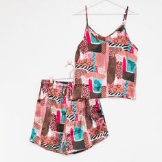 Patchwork Queen Satin Cami + Shorts 2-Piece Set - Izzy & Liv Top Shorts Set, Satin Kimono, Satin Cami, Short Waist, Patchwork Quilt, Satin Material, Polyester Satin, Short Set, Shorts Set