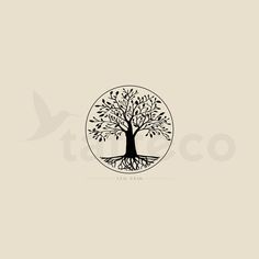 a black and white tree logo on a beige background