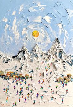 a painting of people skiing in the snow