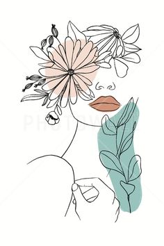 a drawing of a woman with flowers on her head and leaves in her hair,