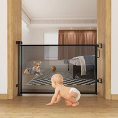 a baby in diapers looking at a dog through a gate