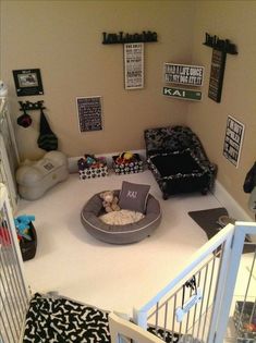 an aerial view of a living room with pictures on the wall