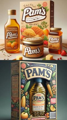 the packaging design for pam's is shown in two different images, one with an image