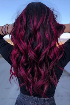 Black And Wine Red Hair, Dark Hair With Colored Highlights Fun, Black And Vivid Hair Color, Magenta Highlights In Brown Hair, Black Hair With Color Highlights, Magenta And Black Hair, Two Different Colored Hair, Red And Blonde Hair Color Highlights, Highlighted Black Hair