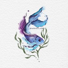 a watercolor painting of a blue fish with green leaves on it's side