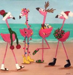 three pink flamingos are walking on the beach with christmas hats and decorations in their beaks