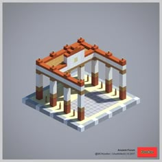 a low poly model of a building with columns and roof tiles on the top floor