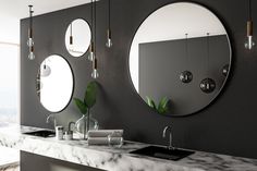 Round mirrors hung in an asymmetrical grouping in a bathroom Art Mirror, Mantel Mirrors, Big Mirror, Traditional Dining Room