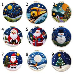 twelve christmas ornaments with santa claus and snowman on the front, in different styles