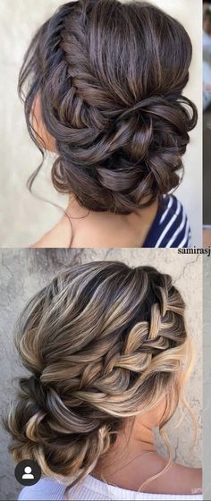 Bride Wedding Day Hairstyles, Prom Hair Updo Brown Hair, Braids Maids Hair Styles, Up Dos For Medium Hair Braids, Shoulder Length Hair Wedding Updo, Bun With Braid Wedding Hair, Bridesmaid Updo For Long Hair Brunette, Bridesmaid Hair Updo Brunette, Brides Maids Hairstyles Down