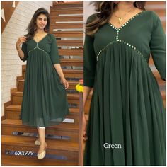 New arrival Faux Georgette plain Aliya cut kurti with glass work *@999* Size : M/L/XL/XXL Length : 47" Lining : yes Front pleated Item code : 6X1979 Aliya Pattern Kurti, New Georgette Kurti Design, Simple Georgette Dress, Siffon Fabric Kurti Design, Kurti Designs Latest Jorjet, Georgette Kurthi Models, Aliya Kurti Designs, Aliya Cut Kurti Designs, Plain Net Kurti Designs