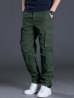 Verde Oscuro Calle Collar  Tela tricotada Liso Pantalones cargo Embellished No-Elástico Pants Embellished, Green Street, Green Cargo Pants, Kids Beachwear, Men Clothing, Flap Pocket, Mens Bottom, Drawstring Waist, Cargo Pants