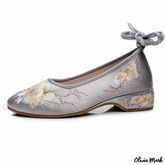 Olivia Mark - Embroidered Floral Fabric Low-Heeled Sandals - Womens Single Shoes Embroidered Summer Flats, Summer Wedding Flats With Round Toe, Summer Floral Embroidery Closed Toe Flats, Summer Slip-on Flats With Floral Embroidery, Summer Floral Embroidery Slip-on Flats, Spring Embroidered Closed Toe Flats, Embroidered Flat Heel Flats For Summer, Embroidered Flats With Flat Heel For Summer, Spring Floral Embroidered Closed Toe Flats