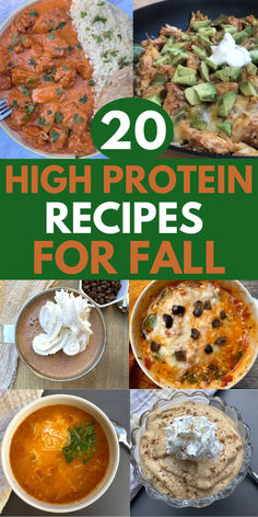 6 images of comforting, high-protein fall recipes including soup, mocha drink, skillet dinners, pizza bowl and a pumpkin dessert. High Protein Low Carb Thanksgiving Recipes, High Protein Comfort Meals, Macro Friendly Fall Recipes, High Protein Low Fat Dinner Recipes, High Protein Thanksgiving Recipes, High Protein Fall Soup, High Protein Fall Meals, High Protein And High Fiber Meals, Low Carb Fall Recipes Dinner