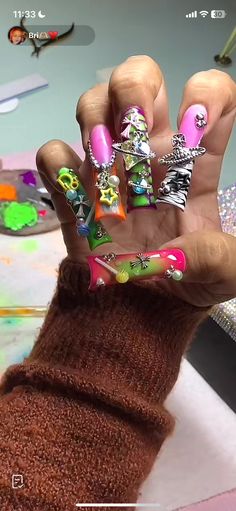 Junk Acrylic Toes, Junky Long Nails, Colorful Junk Nails, Xl Junk Nails, Monster Eye Nails, Junk Nails Bling Long, Junk Nails Bling Duck, Nails Acrylic Extra, Acrylic Junk Nails