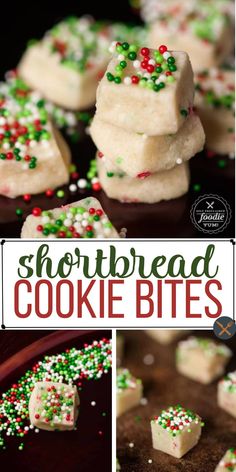 shortbread cookie bites with sprinkles on top and in the background, there is