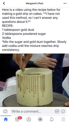 someone is decorating a cake with gold icing on it and then cutting the cake