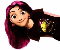 a woman with purple hair and big eyes wearing a t - shirt that has an image of the planet on it