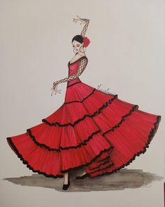 a drawing of a woman in a red dress