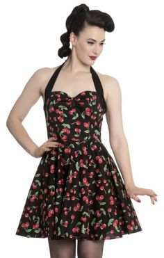 Sleeveless Cherry Print Party Dress, Retro Fitted Cherry Print Dresses, Spring Retro-themed Pinup Dresses, Spring Pinup Dress For Retro-themed Events, Red Rockabilly Summer Dress, Fitted Retro Summer Halter Dress, Fitted Retro Halter Dress For Summer, Retro Sleeveless Cherry Print Dresses, Fitted Retro Sleeveless Halter Dress