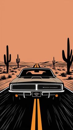 an old muscle car driving down the road in front of cacti and cactus