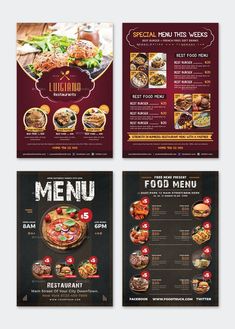 three different menus with food items on them