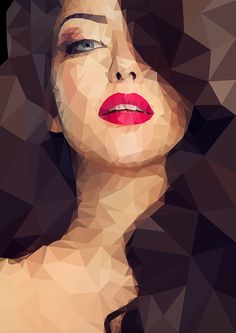 a woman's face with red lips and black hair, made up of triangles