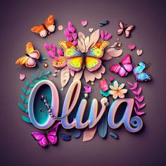 the word olvia surrounded by butterflies and flowers on a purple background with an image of a butterfly in the center