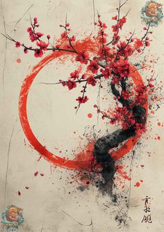 an artistic painting with red and black paint on white paper, featuring a tree in the center