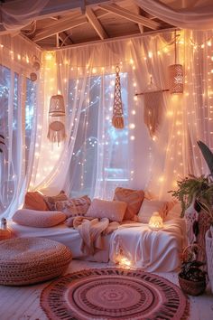 a room filled with lots of lights and pillows