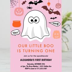 a pink birthday card with an image of a ghost and pumpkins in the background