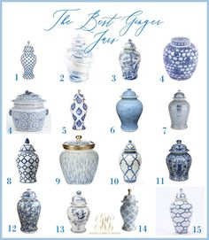 the blue and white vases are all different sizes